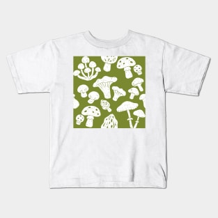 Cottagecore Mushroom Hunting Olive Green Seamless Pattern Kids T-Shirt